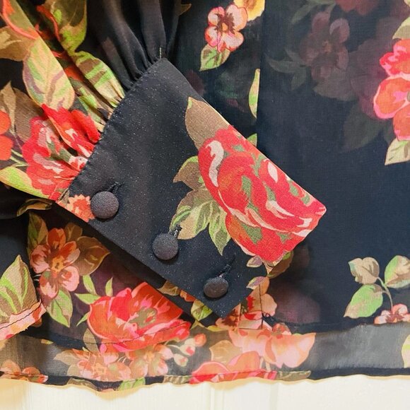 ZARA Black Floral Sheer Long Sleeve V-neck Shirt Sz M - Picture 7 of 8